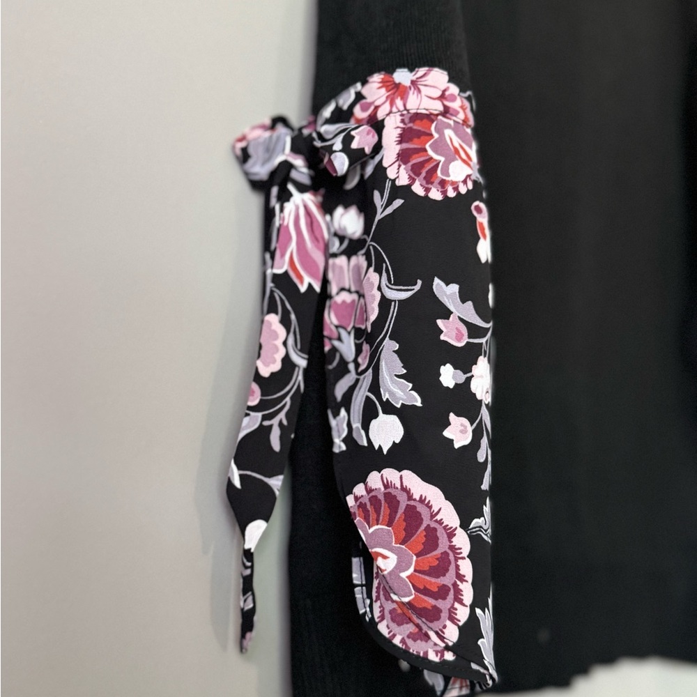 LOFT Black and Purple Bell Sleeve Blouse with Tie Front - Picture 3 of 7